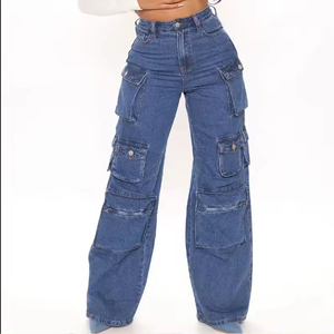 Plus Size Women High Waist Women Cargo Jeans Loose Fit Full Length Stonewashed Denim Pants With Multiple Pockets Casual Style - Product Image 4