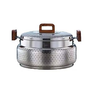 Wood and metal <b>serving</b> <b>dish</b> <b>set</b> with engraved geometric silver lid blue accent knob and decorative wooden base premium kitchenwa - Product Image 2