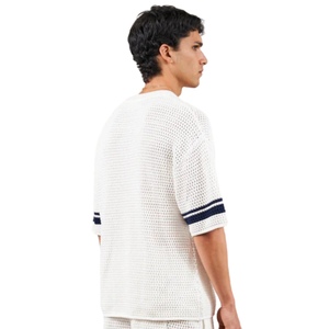 Camiseta de punto de ganchillo con rayas en contraste, blanca, de manga corta, tejido texturizado, informal de verano, transpirable, con cuello redondo. - Product Image 5