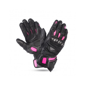 Guantes de carreras de dedo completo negros con paneles rosas de cuero antideslizantes con cierre de velcro para motociclismo unisex - Product Image 6