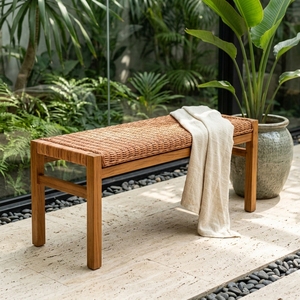 New Modern Minimalist Ciaro Wooden <b>Bench</b> Natural Solid Teak Wood Red Pulut Rattan Webbing Long <b>Bench</b> Dining Chair Patio Garden - Product Image 3