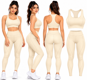 Conjunto de Yoga Beige para Mujer, Leggings de Cintura Alta y Sujetador Deportivo, 2 Piezas, Ropa Deportiva sin Costuras - Product Image 5
