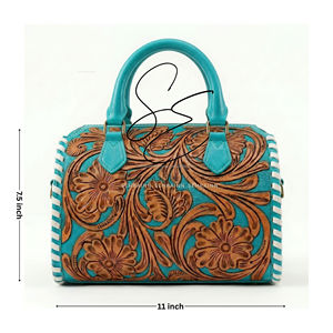 Western Cowhide Mini Duffle Bag Tooled Leather Speedy Purse Hair On Hide Cowgirl Handbag Turquoise Women - Product Image 3