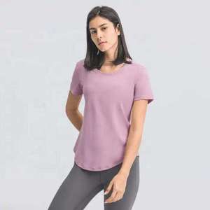 T-shirt à manches courtes et col rond pour femme, couleur unie, tricoté, coupe régulière, décontracté, violet clair - Product Image 4