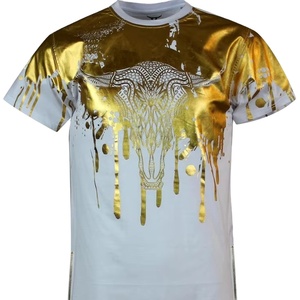 เสื้อยืดคอกลมผ้าฝ้ายคุณภาพสูงสำหรับผู้ชายเสื้อยืดสีดำแบบถักลายพิมพ์ฟอยล์สีทองลายกราฟิก - Product Image 2