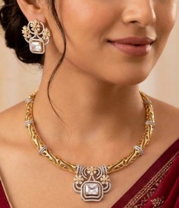 Elegante conjunto de joyería étnica chapada en oro con circonitas para mujer, collar y aretes con corte princesa, accesorios nupciales para boda. - Product Image 2