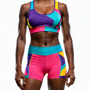 Ensemble de yoga 2 pièces color block, short taille haute et crop top dos nageur à encolure dégagée, en Spandex et Polyester, extensible dans les quatre sens - Product Image 1