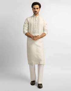 Salwar Kameez en coton pour homme, broderie géométrique, col montant, manches longues, longueur midi, style modeste, traditionnel indien, élégant - Product Image 4