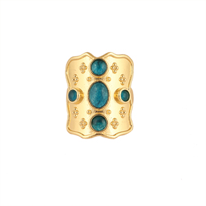 Anillo de latón macizo chapado en oro de 18k con apatita y jade, piedra preciosa lisa, banda delgada abierta, ajustable, estilo vintage, joyería de moda para fiestas. - Product Image 1