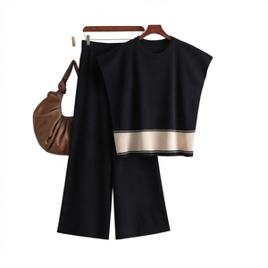 Ensemble pull tricoté pour femme, haut sans manches à col rond, pantalon large uni, décontracté, coupe ample, en laine respirante pour l'hiver - Product Image 2