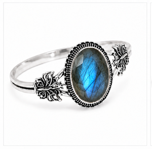 Labradorite Sterling Silver Bangle, Oval Blue Flash Gemstone <b>Bracelet</b>, 925 Silver Labradorite Jewelry, Handmade Boho Bangle - Product Image 1
