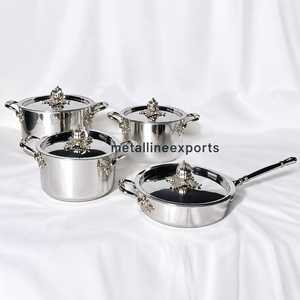Juego de 4 piezas de lujo de utensilios de cocina de acero inoxidable con perillas de hoja de calabaza en latón dorado, que incluye olla, cacerola y sartén - Product Image 4
