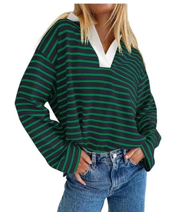 Sweat-shirt à manches longues rayé col en V respirant et écologique pour femme, avec appliqué tissé, style polo de rugby, coupe ample, haut tendance - Product Image 5
