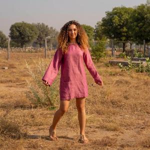 Vestido Mini de Lino y Algodón Color Rosa Empolvado para Mujer, Manga Larga, Cuello Redondo, Corte Holgado, Estilo Casual Bohemio, Vestido de Verano - Product Image 1