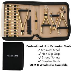 Kit de pinces professionnelles pour extensions capillaires en acier inoxydable doré, avec pince à sertir plate, pince à bandes adhésives, peigne, crochet à boucles et pince de retrait de perles - Product Image 5