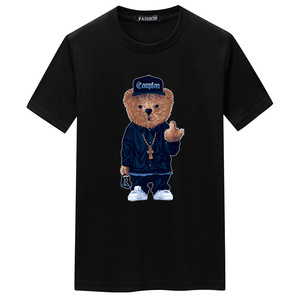 T-shirt blanc pour homme à col rond avec imprimé personnage d'ours, style streetwear, manches courtes, jersey de coton, coupe classique - Product Image 2