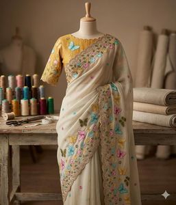 Sari de fête en georgette blanche de qualité supérieure avec broderie fantaisie - Product Image 1