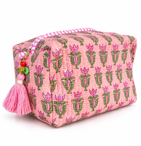 Large Cotton <b>Quilted</b> Portable Adjustable Large Capacity Makeup <b>Bag</b> Tassels Hand Block Printed Cosmetic Pouch Durable Toiletry - Product Image 2