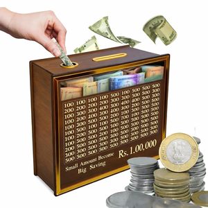 Money <b>Saving</b> <b>Box</b> for Kids and Adults | Wooden Money Bank with Lock | Big Size Piggy Bank 2 Lakh Target | 1 Lakh <b>Saving</b> <b>Box</b> - Product Image 3