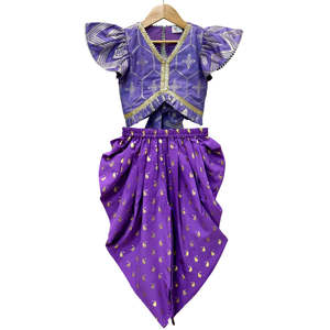 Ensemble 3 pièces élégant en lin imprimé pour femme avec haut orné violet et pantalon Dhoti – Tenue ethnique traditionnelle pour fêtes estivales - Product Image 1
