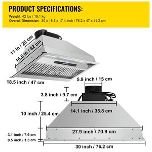 Hotte de cuisine encastrable 900 CFM 4 vitesses 30 pouces en acier inoxydable avec télécommande tactile, éclairage LED et déflecteur d'évacuation - Product Image 3
