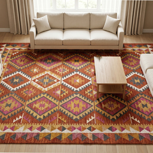 Alfombra Geométrica DECORDEC Personalizada, Color Naranja Óxido Multicolor, de Lana Ecológica y Antideslizante, Hecha a Mano con Diseño de Mosaico de Diamantes - Product Image 4
