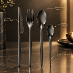 Ensemble de couverts noirs 4 pièces en acier inoxydable |   Ustensiles de table modernes, couteau, fourchette, cuillère à soupe, cuillère à café, vaisselle de cuisine - Product Image 3