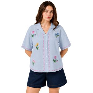 Camisa de Manga Corta para Mujer, Bordada con Flores Azul Claro, Blusa Informal de Verano de Algodón con Cuello y Botones, Tops de Moda Personalizados OEM - Product Image 1