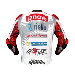 เสื้อแจ็คเก็ตหนังแท้สำหรับแข่งรถ Francesco Bagnaia MotoCP Rucati ทำจากหนังวัว/หนังจิงโจ้ ตัดเย็บตามขนาด พร้อมรูระบายอากาศ รุ่น Perforated Track CE - Product Image 2