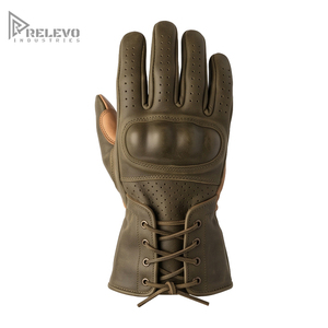 Custom Vintage Leather Motorcycle Gloves Rear Lace Up Gauntlet Two Tone Leather Biker Gloves Molded Knuckle Perforated - Product Image 1