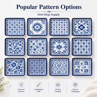 Ensemble d'assiettes à dessert en céramique à motifs bleus assortis, carrées et rectangulaires, plats de service, logo personnalisé, fournisseur d'assiettes à dessert OEM