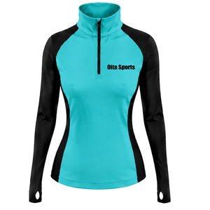 <b>Women</b> <b>Quarter</b> <b>Zip</b> Athletic Top Turquoise Long Sleeve Fitted Sports Training Shirt High Collar Thumbhole Performance Activewear - Product Image 1