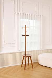 WOODEN <b>COAT</b> HANGER <b>STAND</b> WITH SEAT <b>FREESTANDING</b> CLOTHES RACK WITH HOOKS FOR ENTRYWAYBEDROOM HOME - Product Image 2