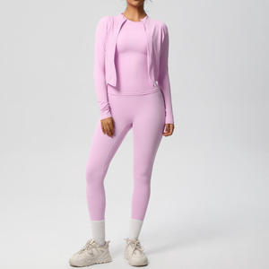 High Quality Custom Logo Women's 2-Piece Gym <b>Yoga</b> Sports Tracksuit Casual Knit Fabric Solid Long Sleeve Zipper <b>Jacket</b> Legging - Product Image 5