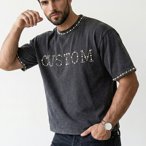 T-shirt IBEX personnalisé surdimensionné, effet délavé, avec strass, 100 % coton, tissu doux et respirant, pour homme et femme. - Product Image 5
