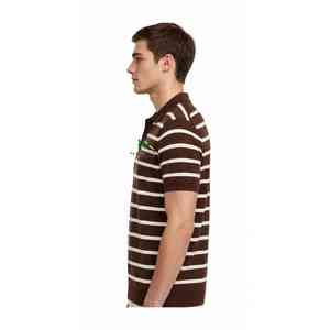 Camiseta Polo a Rayas Unisex NEXTEX Marrón y Blanco de Manga Corta con Cuello de Botones Clásico - Product Image 3