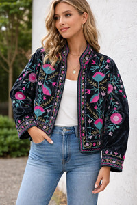 Premium Hand Embroidered Velvet Quilted <b>Jacket</b> Traditional Indian Suzani Style Women Luxury Black Floral Boho Coat Breathable - Product Image 6