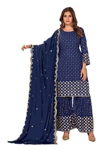 Ensemble de 3 pièces élégant en georgette indienne, style Shalwar Kameez, avec de riches broderies, idéal pour les fêtes et les mariages. - Product Image 1