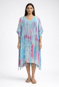 Caftán Largo de Viscosa con Estampado Tie-Dye, Diseño a Rayas, Ecológico, Cuello en V, Transpirable, Asimétrico - Product Image 3