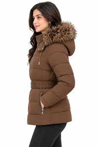 Abrigo Acolchado de Poliéster Transpirable para Mujer, Color Marrón, con Capucha de Piel, Cinturón y Cierre de Cremallera, Parka de Invierno - Product Image 6