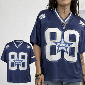 เสื้อเจอร์ซีย์กีฬาตาข่ายสีน้ำเงินแบบยูนิเซ็กซ์สั่งทำได้ แขนสั้น สไตล์เรโทร สตรีทแฟชั่น โพลีเอสเตอร์ เสื้อยืดขายส่ง เสื้อเจอร์ซีย์อเมริกันฟุตบอล - Product Image 1