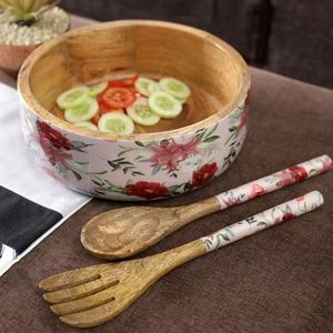 Bol à salade en bois artisanal avec motif floral à l'intérieur, bol de service écologique, grand bol à fruits pour la cuisine et la salle à manger - Product Image 3