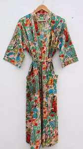 Lightweight Cotton <b>Kimono</b> Robe Featuring Traditional Block Floral Print For <b>Women</b> Night Wear And Easy Home Relaxation - Product Image 2