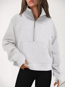 Sweat-shirt oversize pour femme de qualité supérieure, col montant, manches longues, en mélange de coton tricoté, gris uni, fabricant OEM - Product Image 3