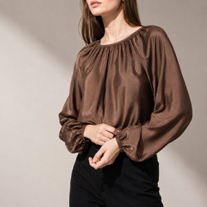 Blouse Femme en Gros Col Rond Manches Ballon Couleur Unie Coupe Ample Style Minimaliste Manches Longues Respirante ODM OEM - Product Image 4