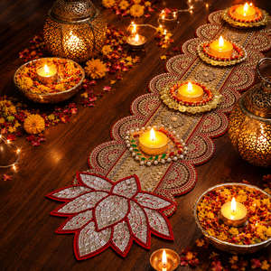 Red <b>Mirror</b> Lotus Diwali Table Runner With Gold Candle Holders Beaded Lace For Wedding Home Decoration - Product Image 2