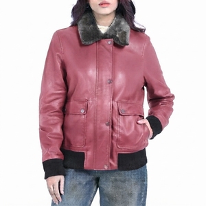 Blouson de moto en peau de mouton véritable respirant pour femme, col en fourrure gris, manches longues, vêtement d'extérieur d'hiver - Product Image 2