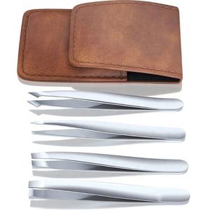 Nouvelles pinces à épiler pour les cils et les sourcils, finition mate, droites, inclinées et pointues, lot de 4 pièces avec étui en cuir PU - Product Image 1