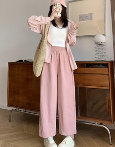 Solid Breathable Elastic Waist Autumn Straight Casual 100% Cotton Beach Trousers Pants Women with Pockets - Product Image 4