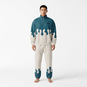 Ensemble de survêtement urbain pour homme avec impression personnalisée, demi-zip, coupe oversize, pantalon de jogging à cordon, imprimé effet gouttelettes, streetwear décontracté d'automne - Product Image 1